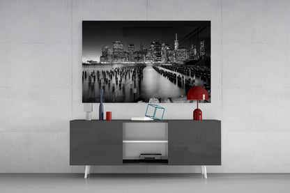 Monochrome Skyline Pier Pilings Glass Wall Art