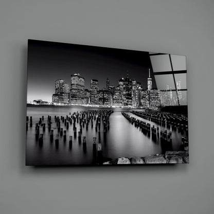 Monochrome Skyline Pier Pilings Glass Wall Art