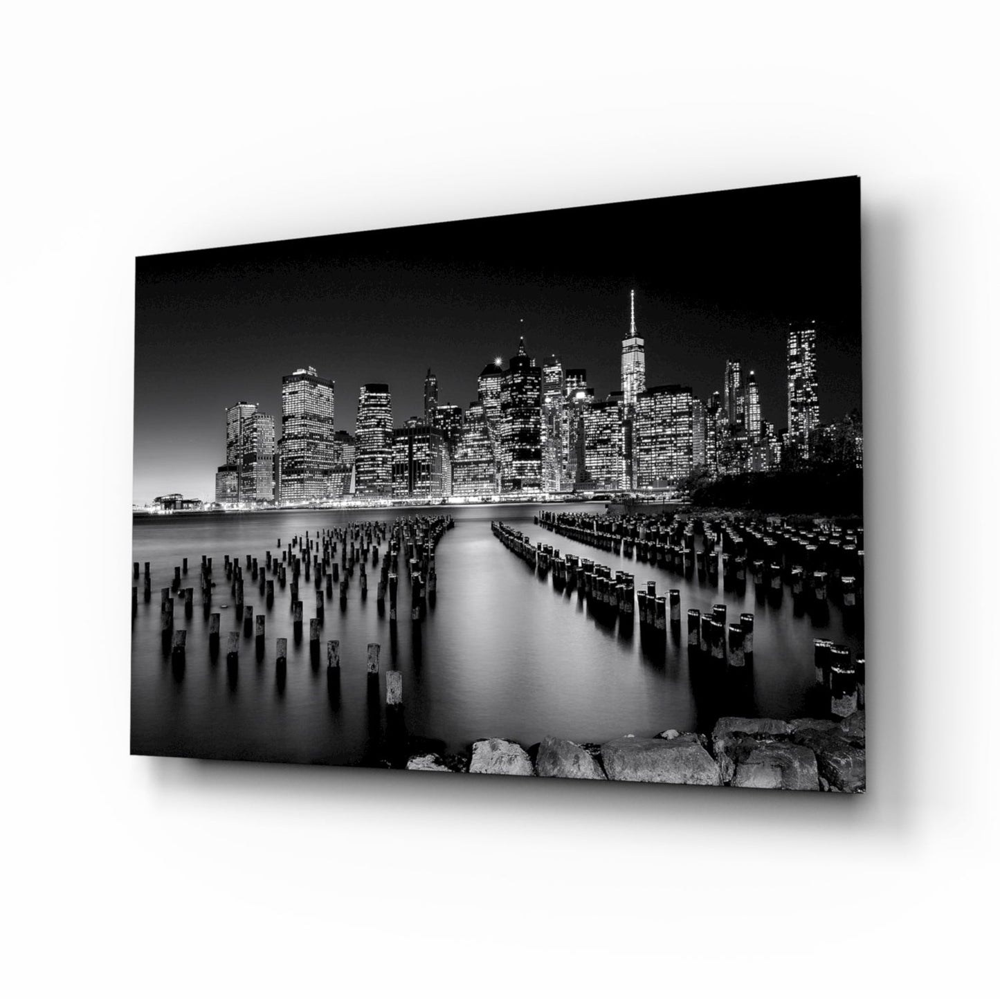 Monochrome Skyline Pier Pilings Glass Wall Art