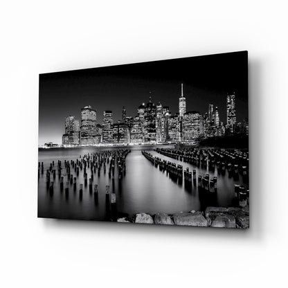 Monochrome Skyline Pier Pilings Glass Wall Art