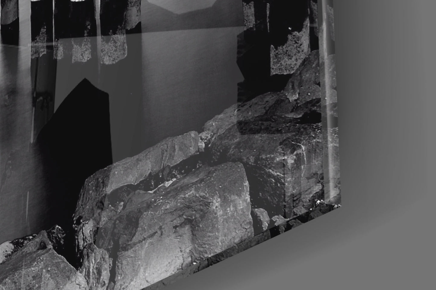 Monochrome Skyline Pier Pilings Glass Wall Art