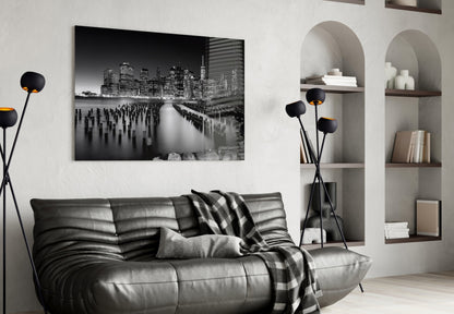 Monochrome Skyline Pier Pilings Glass Wall Art