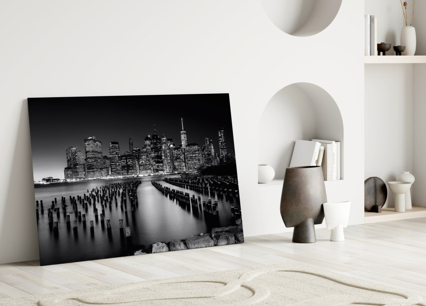Monochrome Skyline Pier Pilings Glass Wall Art
