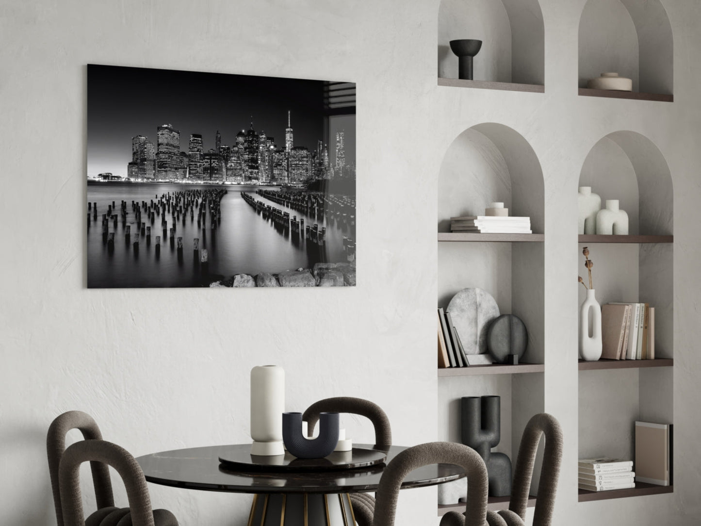 Monochrome Skyline Pier Pilings Glass Wall Art