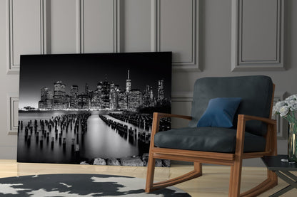 Monochrome Skyline Pier Pilings Glass Wall Art