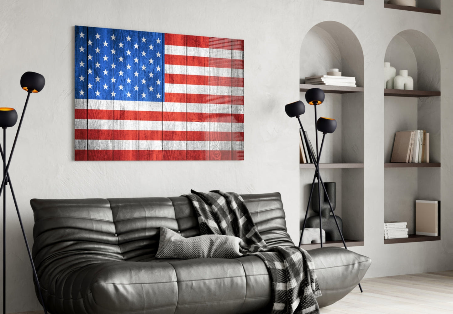 American Flag Painted on Wood Planks Glass Wall Art