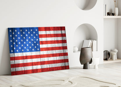 American Flag Painted on Wood Planks Glass Wall Art