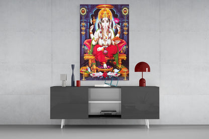 Blue Temple Lotus Throne Ganesha Glass Wall Art