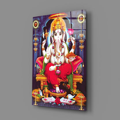 Blue Temple Lotus Throne Ganesha Glass Wall Art