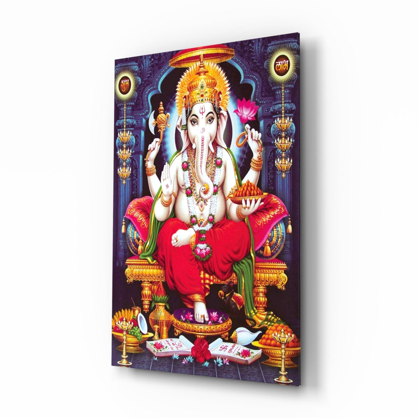 Blue Temple Lotus Throne Ganesha Glass Wall Art