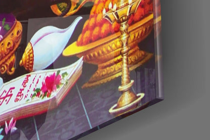 Blue Temple Lotus Throne Ganesha Glass Wall Art