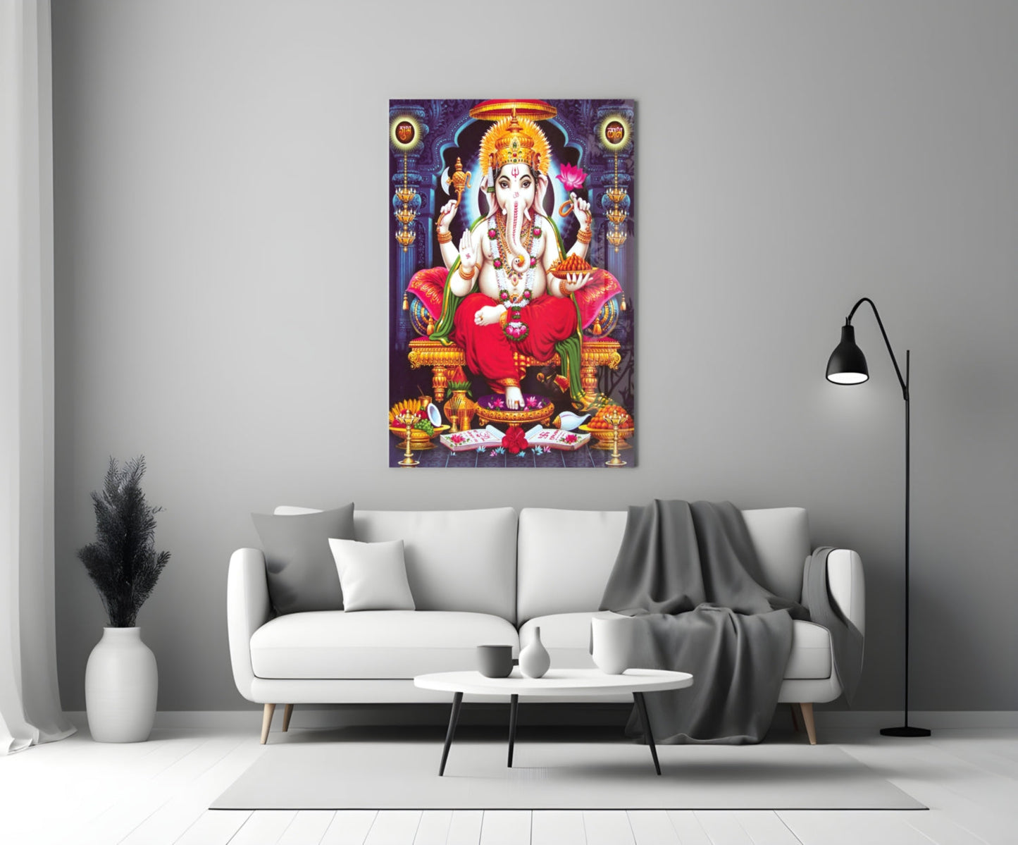 Blue Temple Lotus Throne Ganesha Glass Wall Art