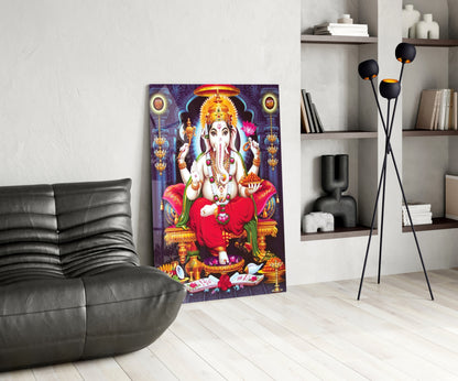 Blue Temple Lotus Throne Ganesha Glass Wall Art
