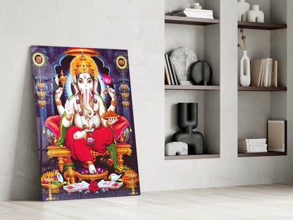 Blue Temple Lotus Throne Ganesha Glass Wall Art
