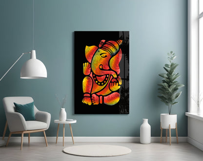 Fiery Red And Yellow Stylized Ganesha Glass Wall Art