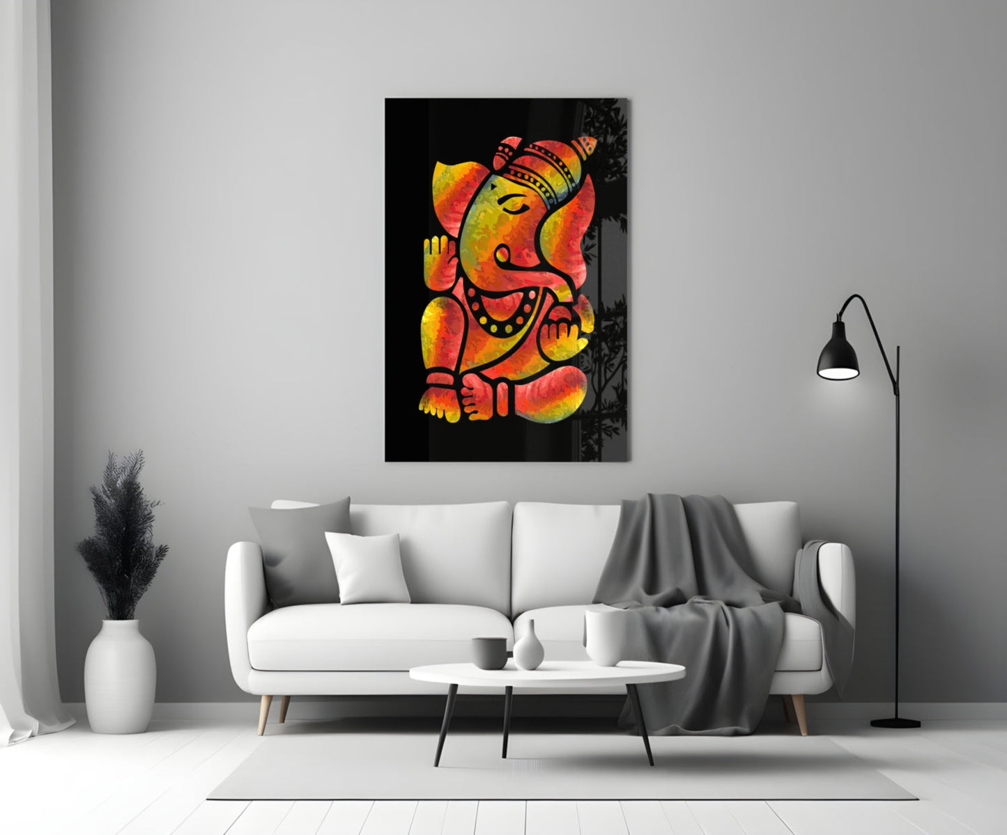 Fiery Red And Yellow Stylized Ganesha Glass Wall Art