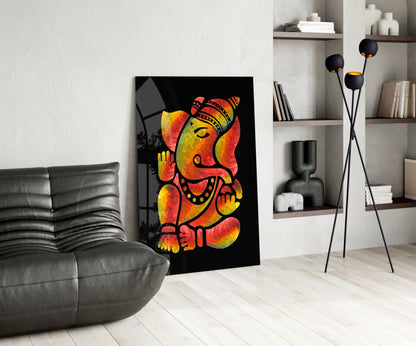 Fiery Red And Yellow Stylized Ganesha Glass Wall Art