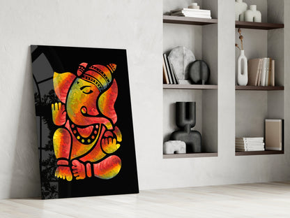 Fiery Red And Yellow Stylized Ganesha Glass Wall Art