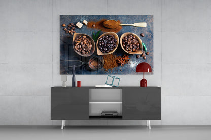 Blue Table Coffee Beans And Star Anise Glass Wall Art