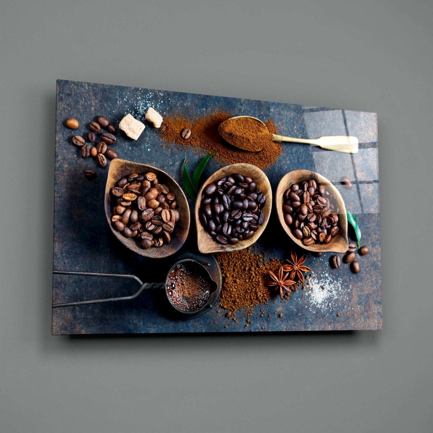 Blue Table Coffee Beans And Star Anise Glass Wall Art