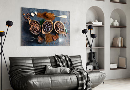 Blue Table Coffee Beans And Star Anise Glass Wall Art