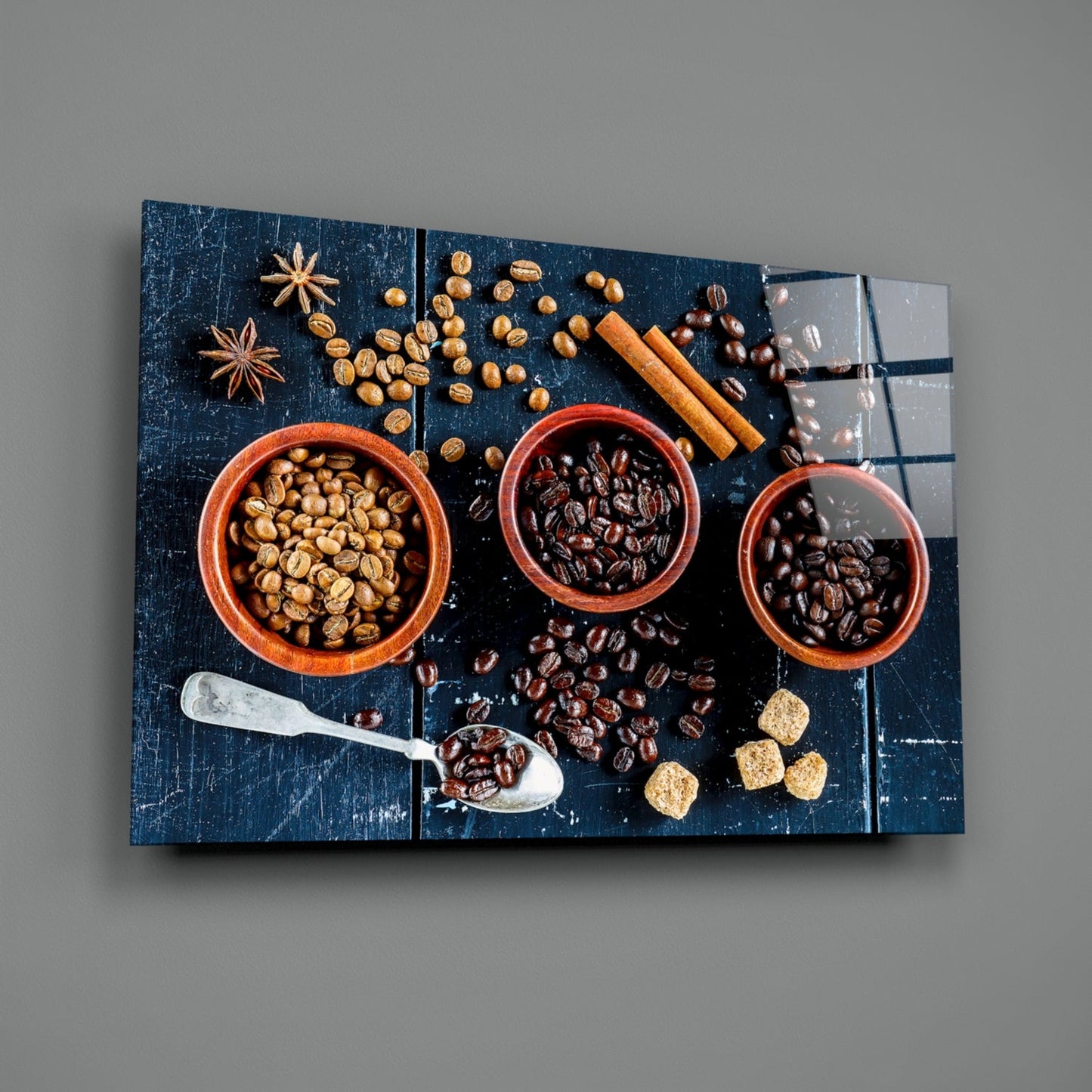 Three Bowls Of Roasted Coffee Beans Glass Wall Art