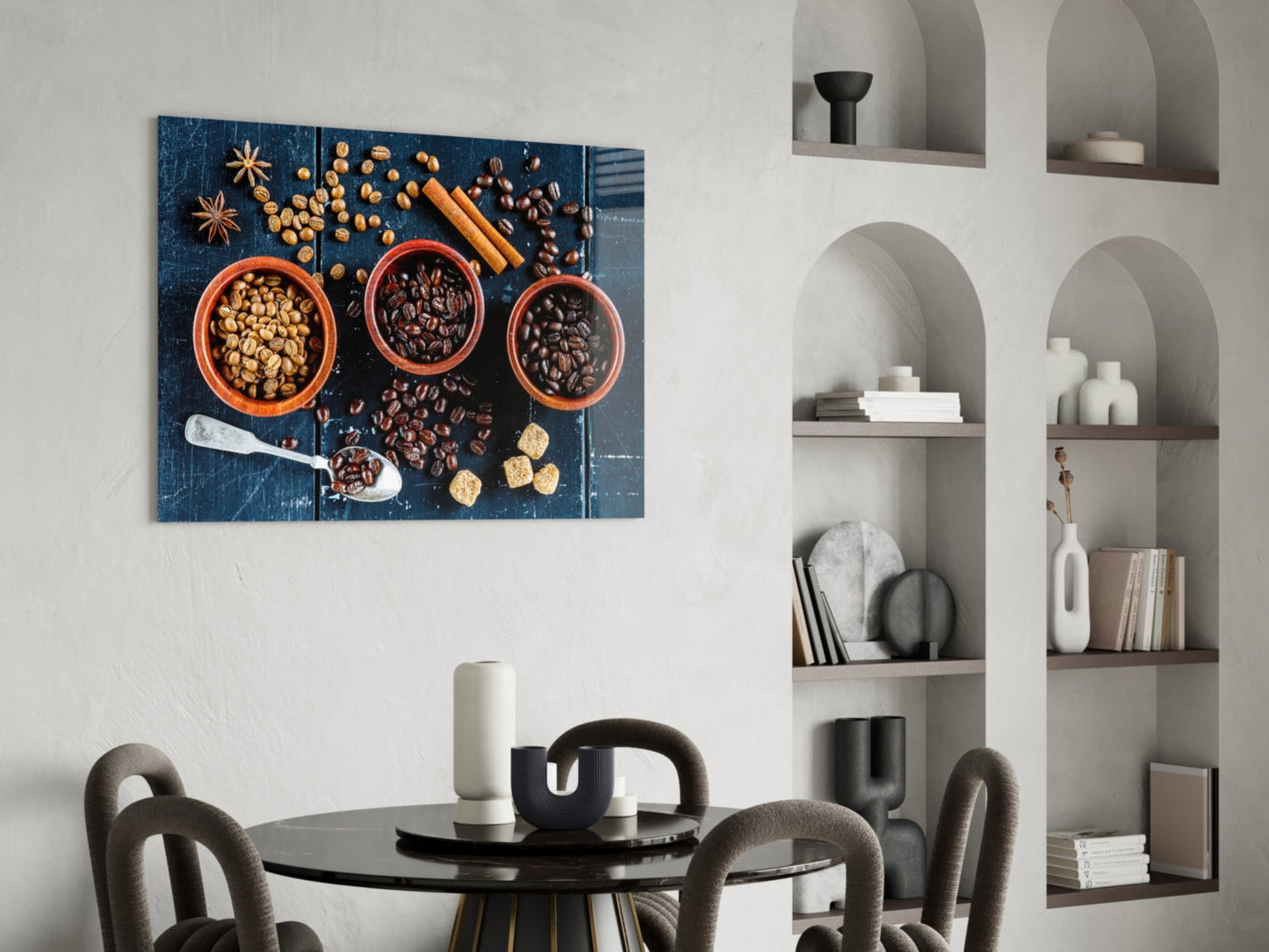 Three Bowls Of Roasted Coffee Beans Glass Wall Art