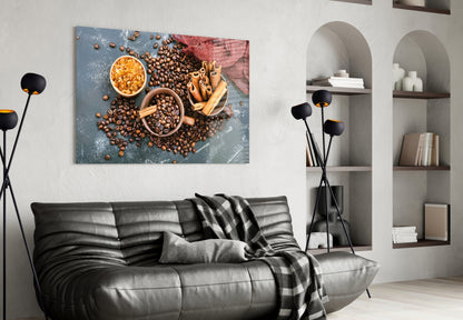 Scattered Coffee Beans And Cinnamon Glass Wall Art