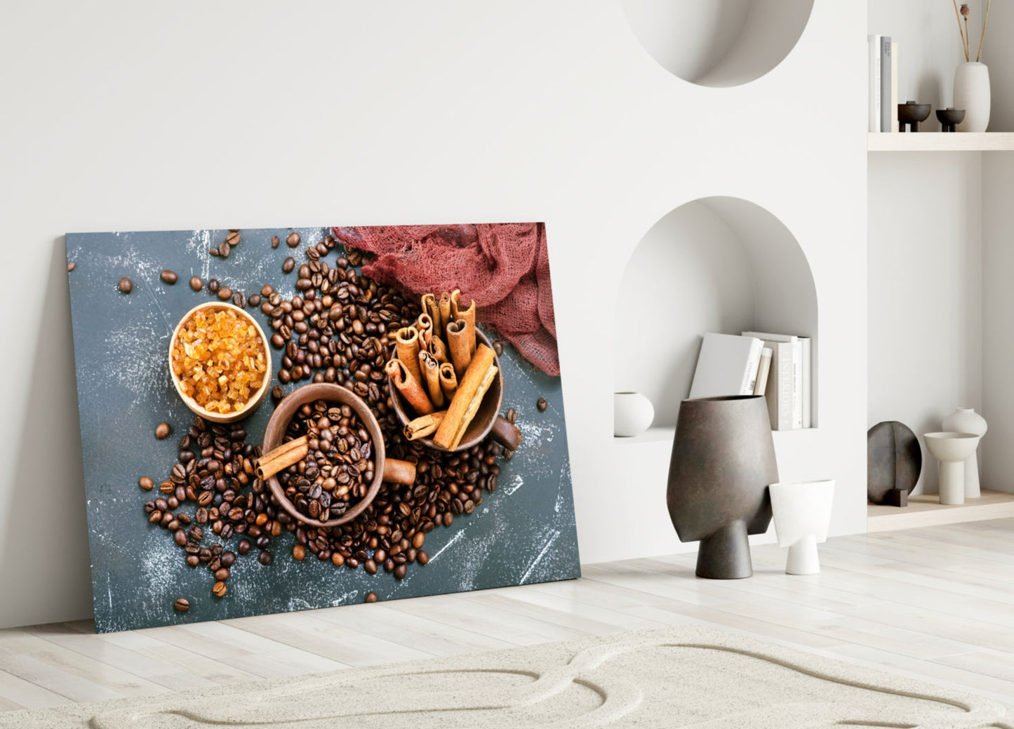 Scattered Coffee Beans And Cinnamon Glass Wall Art