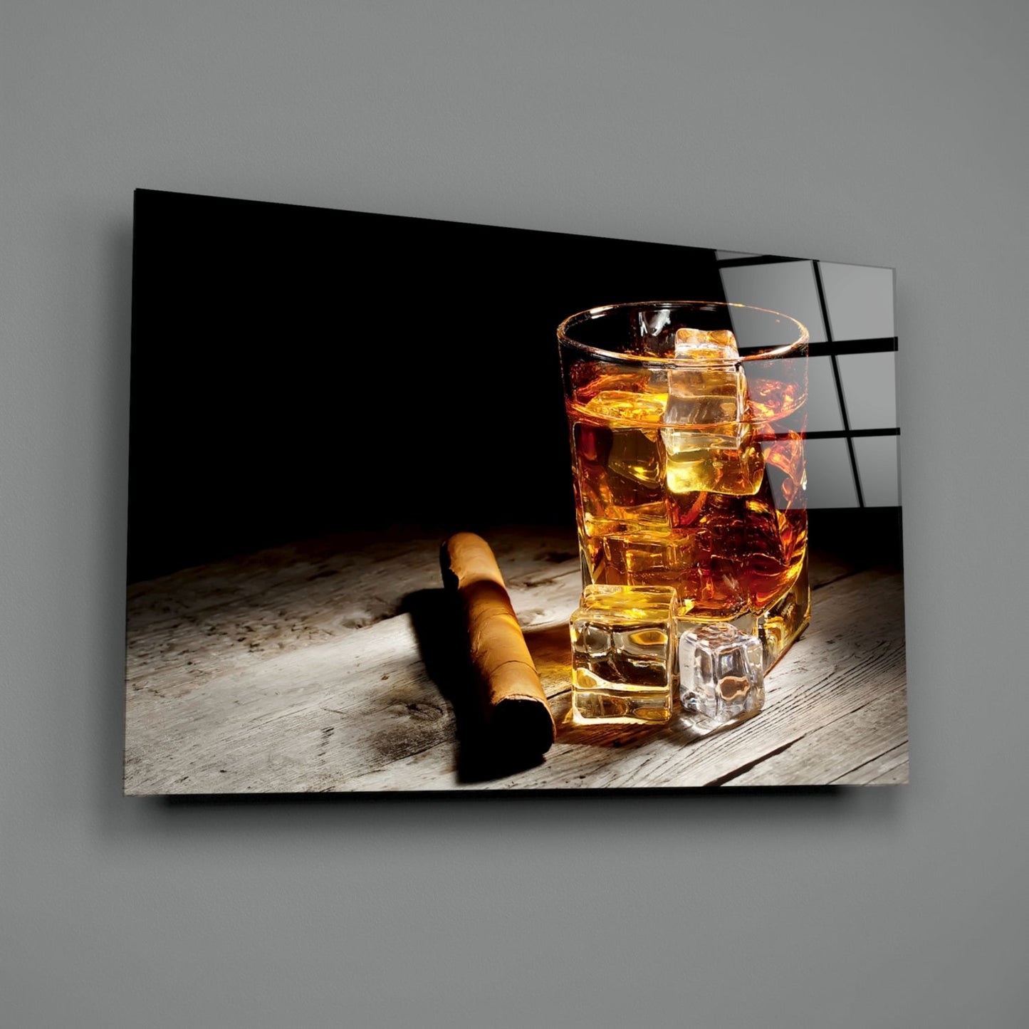 Whiskey Glass With Ice And Cigar Glass Wall Art