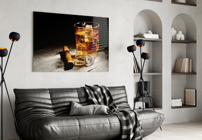 Whiskey Glass With Ice And Cigar Glass Wall Art