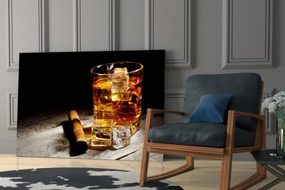 Whiskey Glass With Ice And Cigar Glass Wall Art