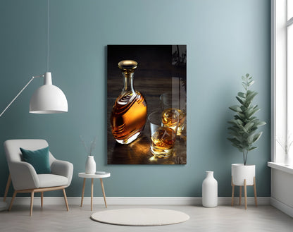 Amber Decanter And Two Whiskey Glasses Glass Wall Art
