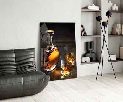 Amber Decanter And Two Whiskey Glasses Glass Wall Art