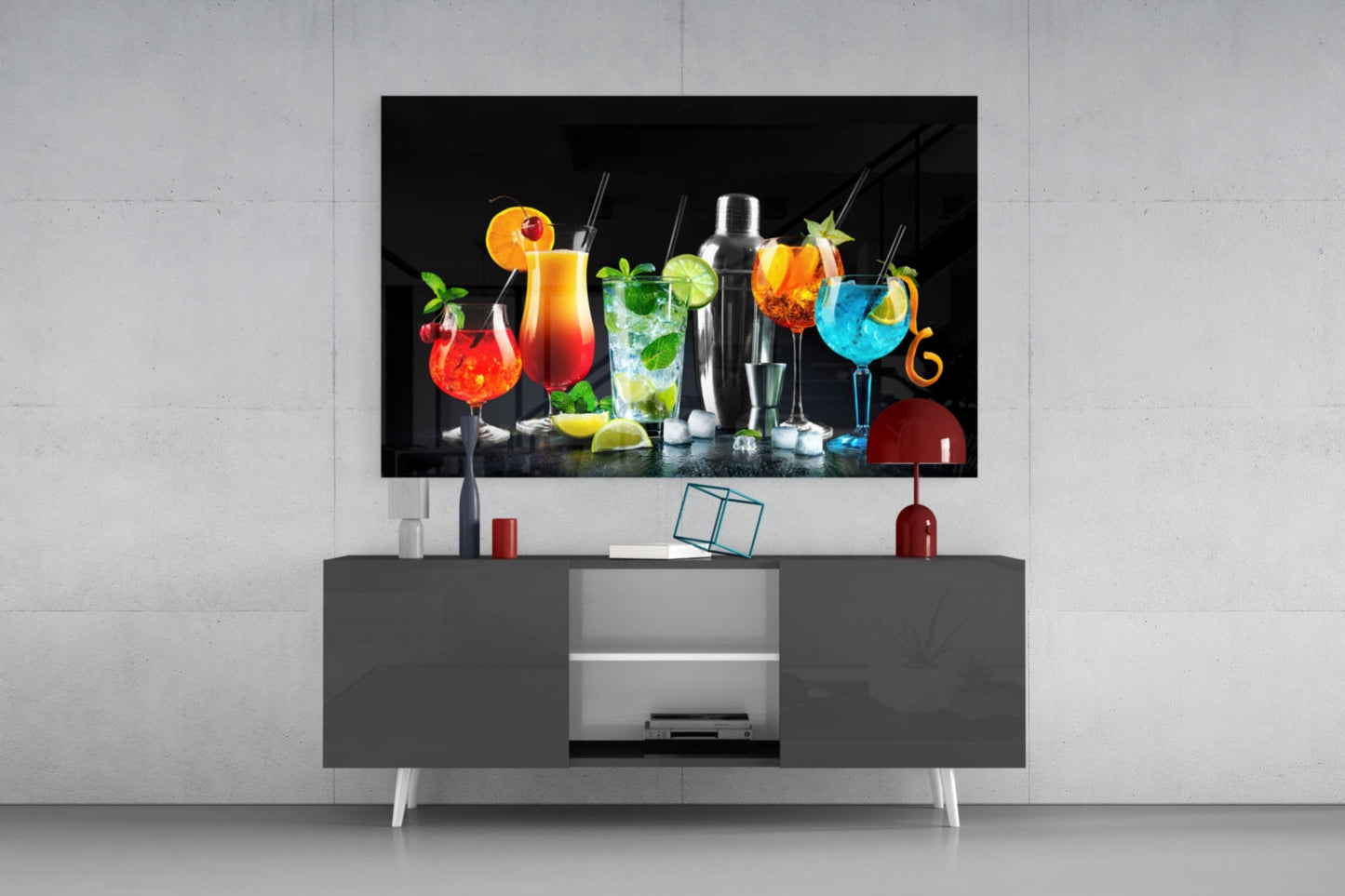 Neon Blue Shaker Lineup Cocktails Glass Wall Art