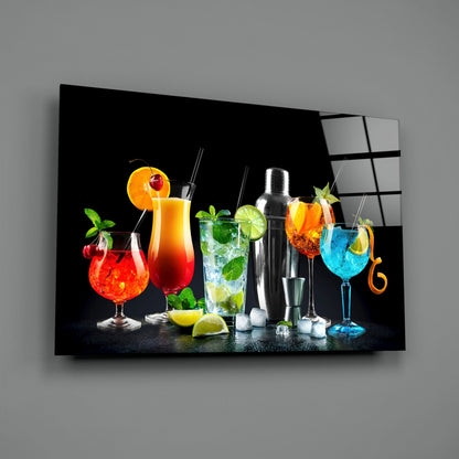 Neon Blue Shaker Lineup Cocktails Glass Wall Art