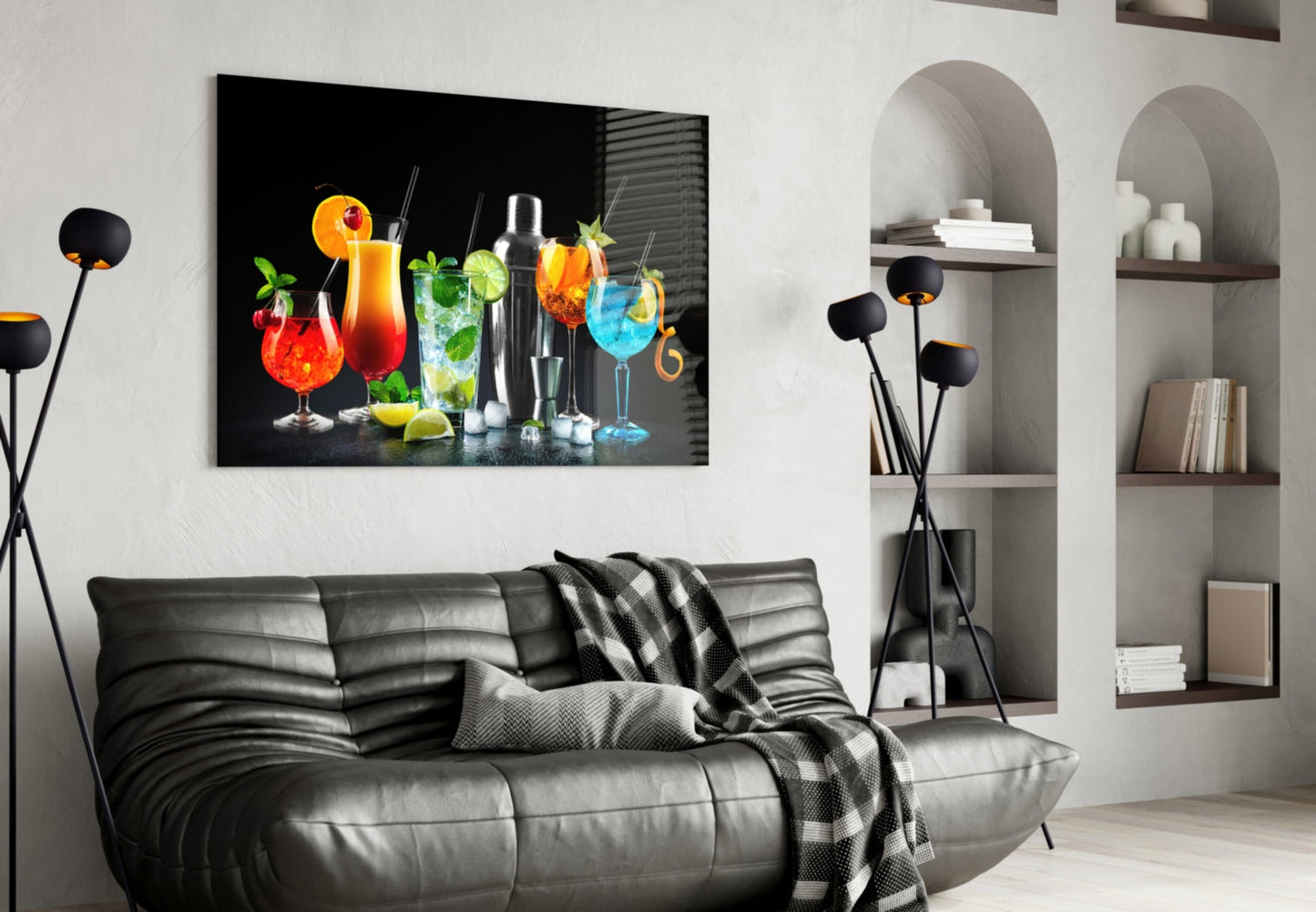 Neon Blue Shaker Lineup Cocktails Glass Wall Art
