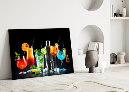 Neon Blue Shaker Lineup Cocktails Glass Wall Art
