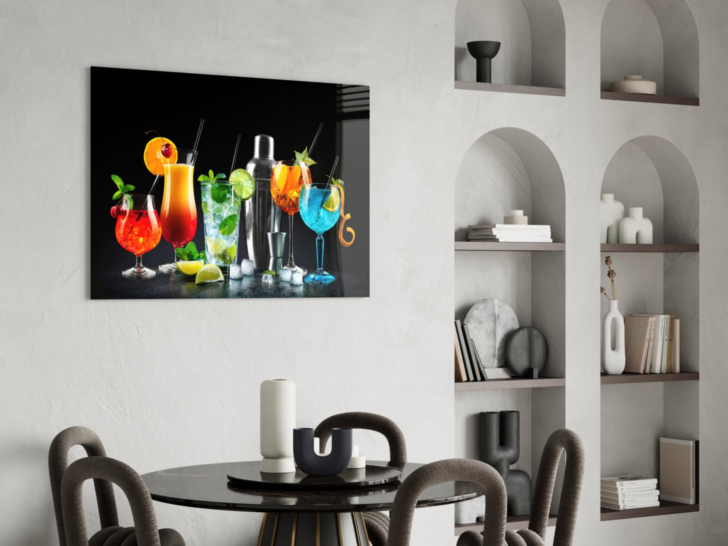 Neon Blue Shaker Lineup Cocktails Glass Wall Art
