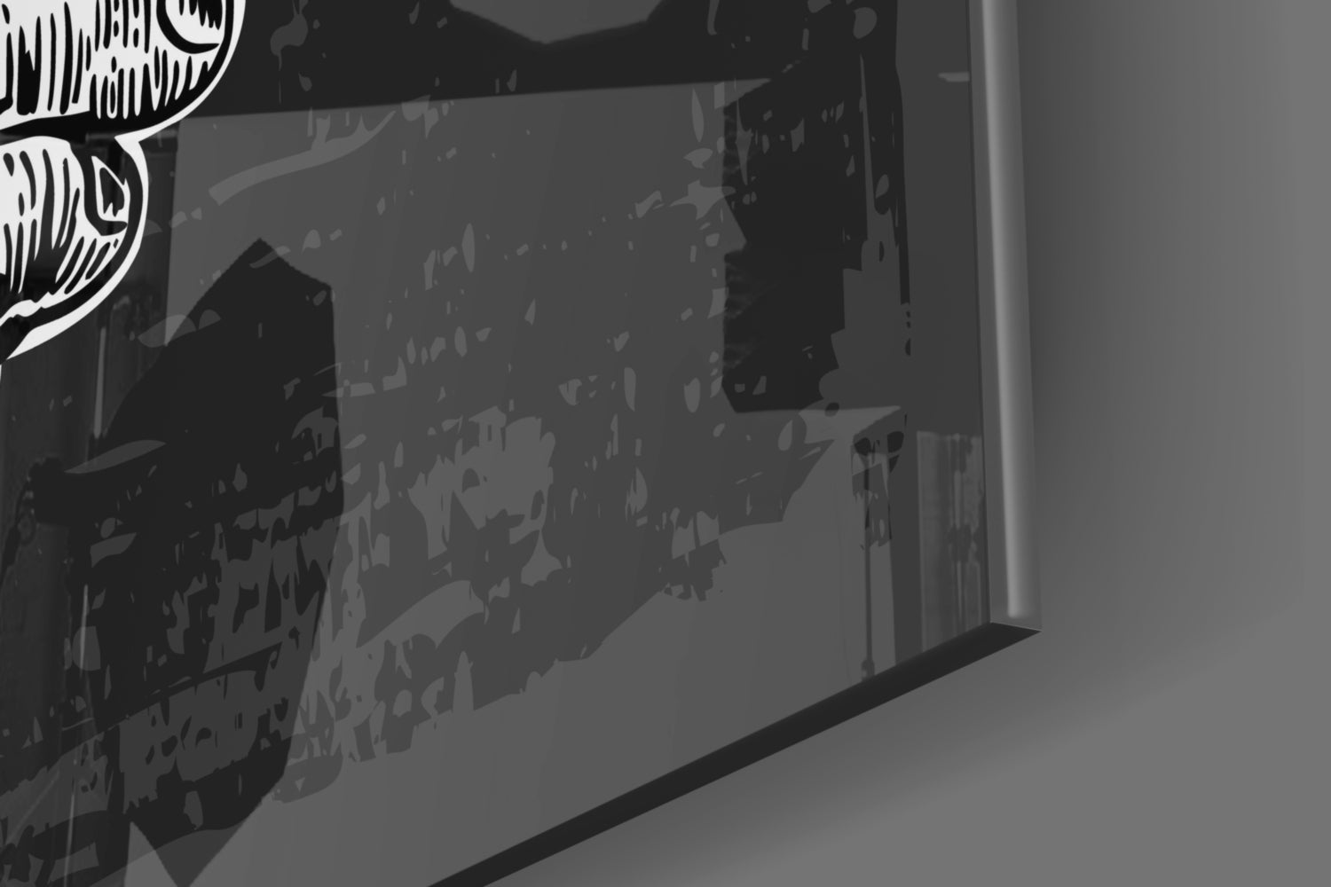 Close-up angle of black and white tequila glass wall art mounted on white wall, showing detailed etched design and metallic trim.