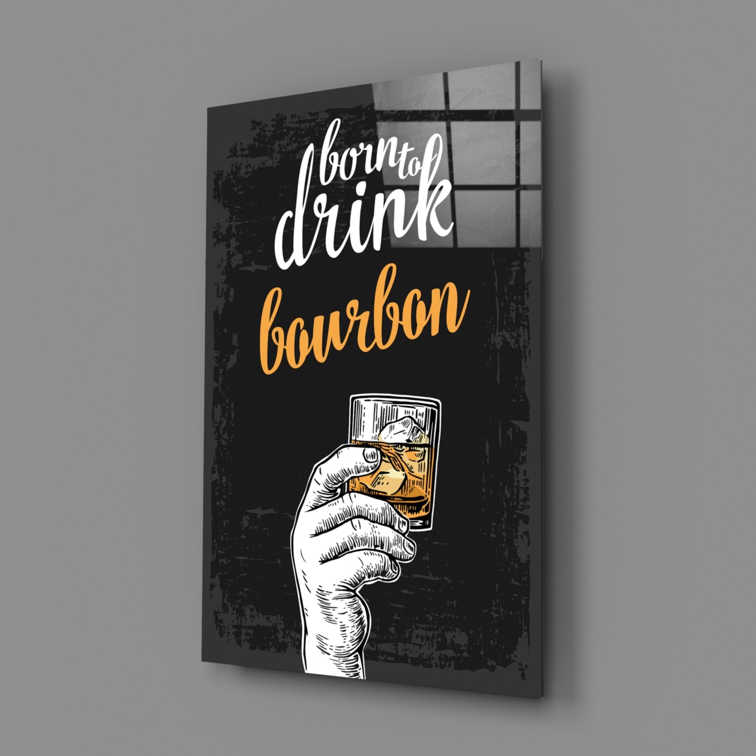Black canvas wall art with white hand holding bourbon glass, white cursive text reading "born to drink" and yellow text reading "bourbon" against distressed background.