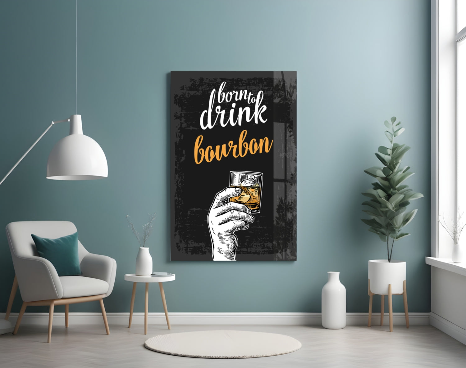 Black canvas bourbon wall art with white and gold text and hand illustration displayed in a modern mint-green room setting.