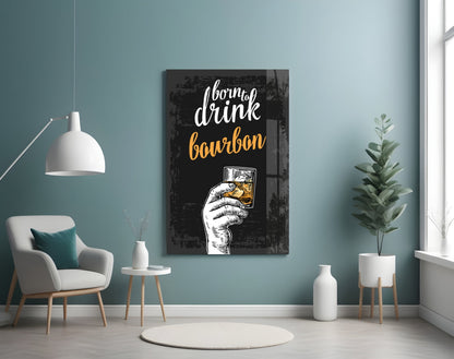 Black canvas bourbon wall art with white and gold text and hand illustration displayed in a modern mint-green room setting.