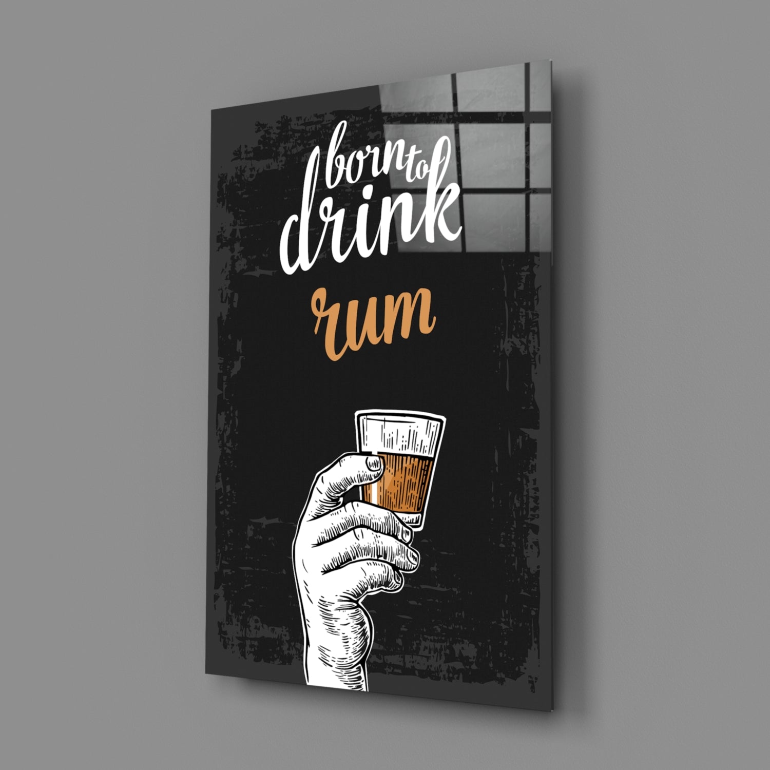 Canvas wall art featuring hand-holding rum glass with "born to drink rum" text in white and gold lettering on black distressed background.