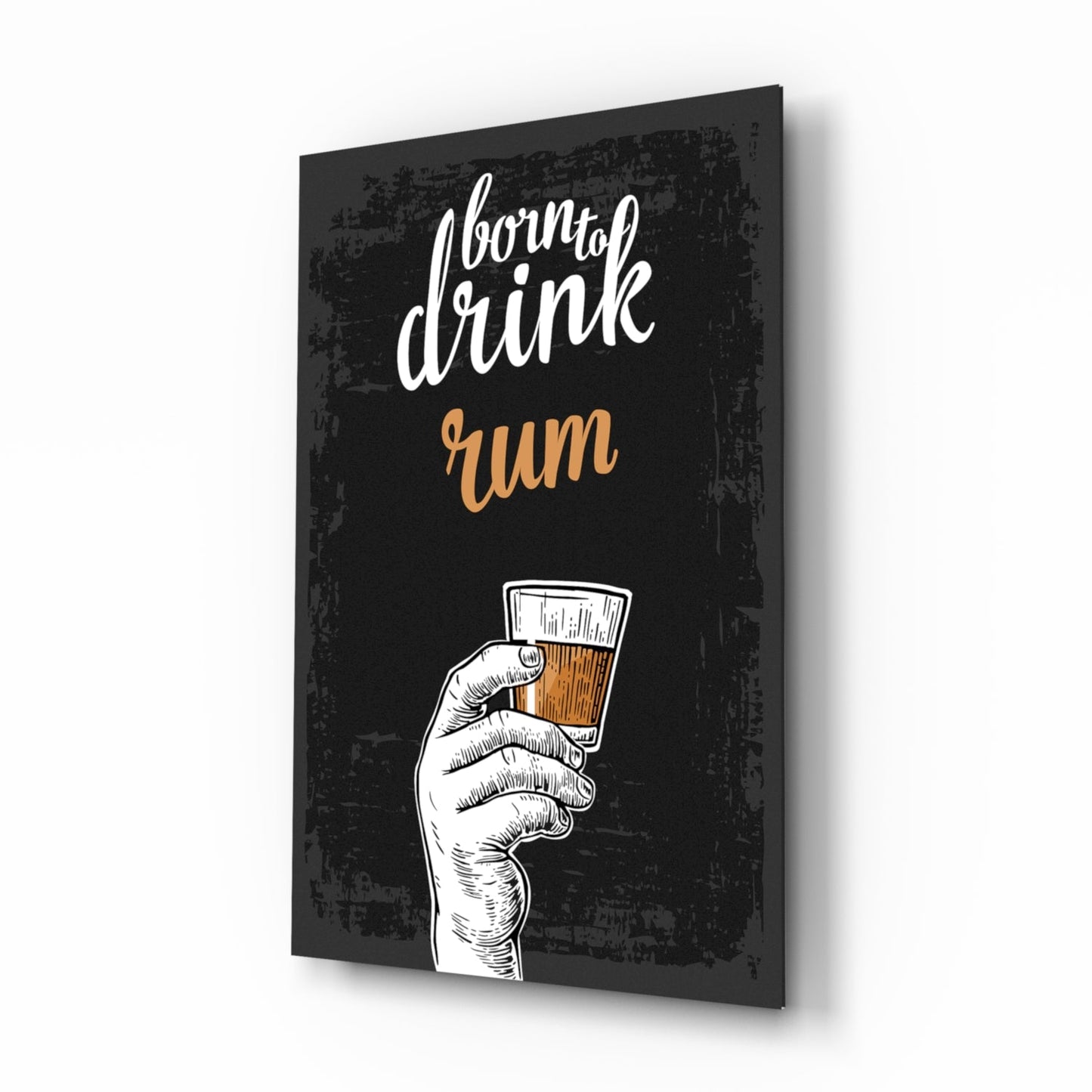 Angled perspective view of black canvas wall art featuring hand-drawn illustration holding rum glass with white and gold script text.