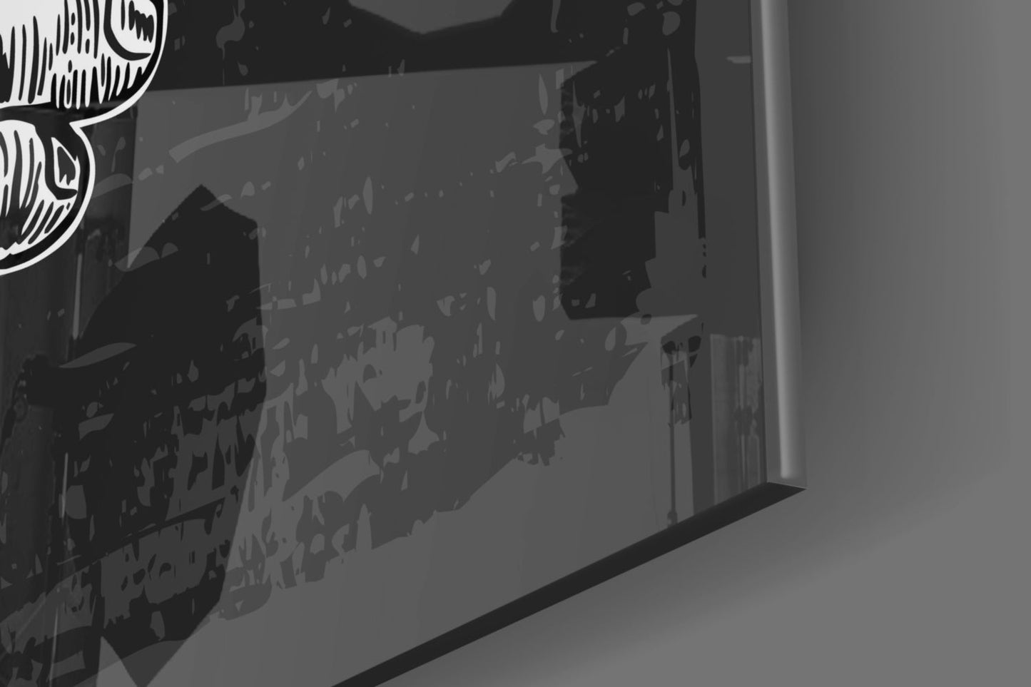Close-up angled view of black rum glass wall art mounted on white wall, showing detailed etched design and metallic edge trim.