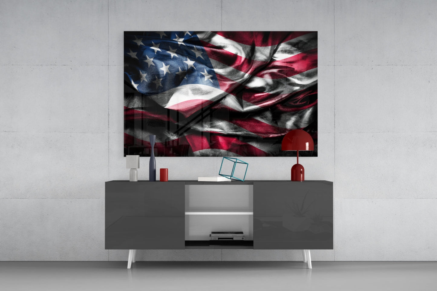 Waving American Flag in Dark Tones Glass Wall Art