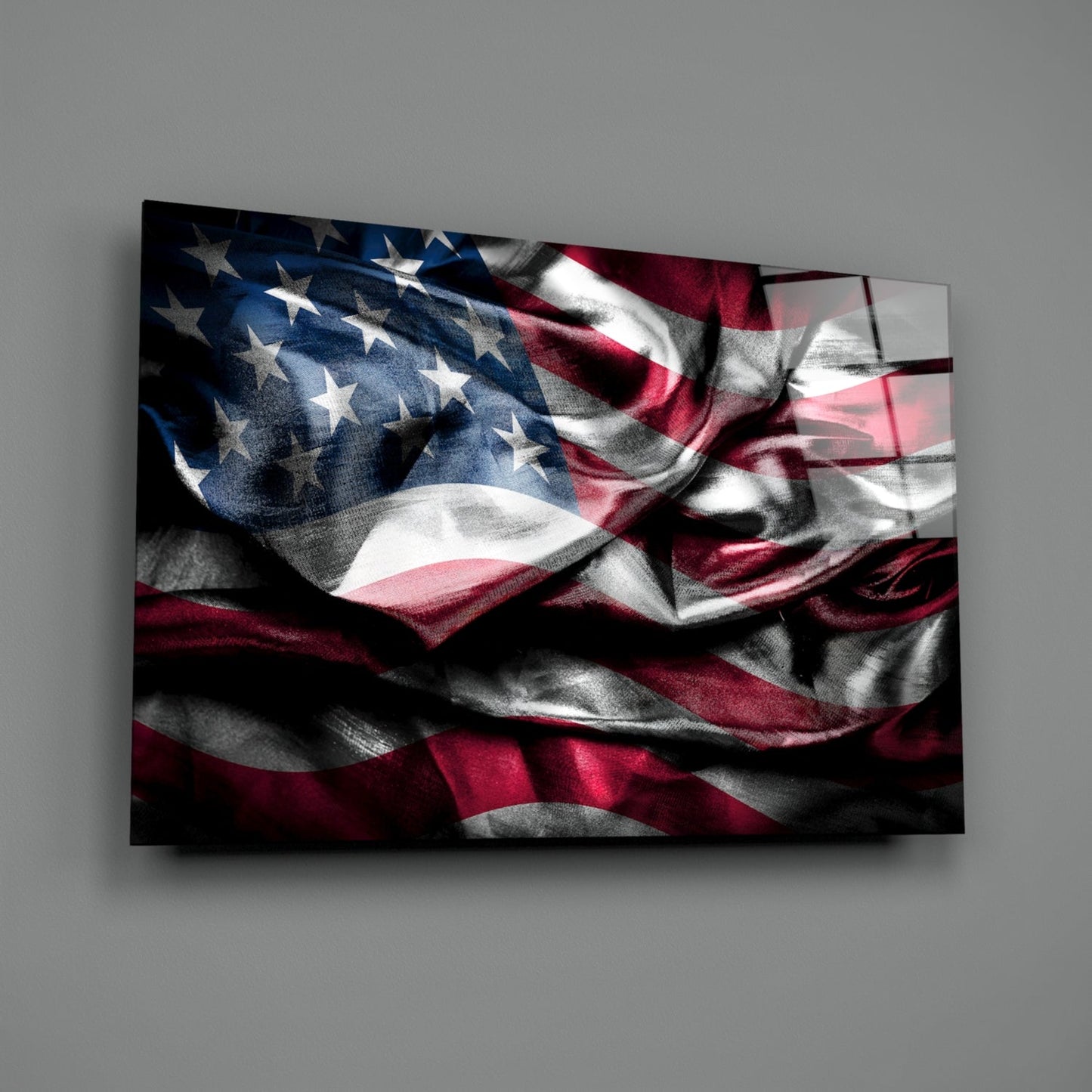 Waving American Flag in Dark Tones Glass Wall Art