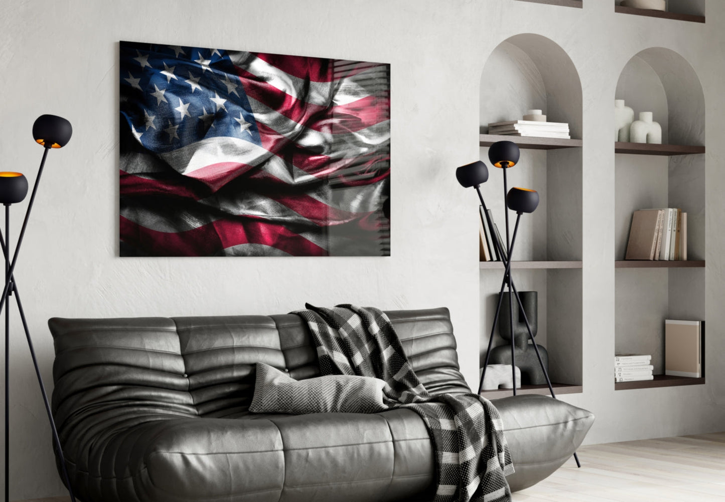 Waving American Flag in Dark Tones Glass Wall Art