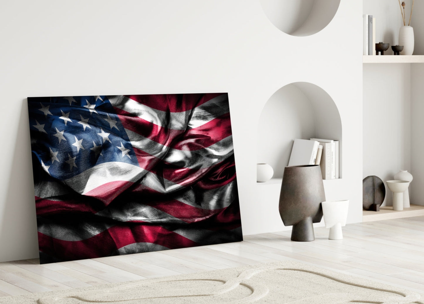 Waving American Flag in Dark Tones Glass Wall Art
